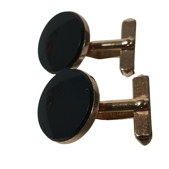 Vintage Swank Cufflinks Gold Tone Round Black Onyx Stone Signed - Picture 7 of 8